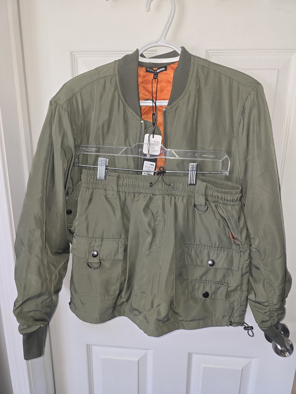 Olive Green Bomber Jacket/skirt Set with Orange Lining